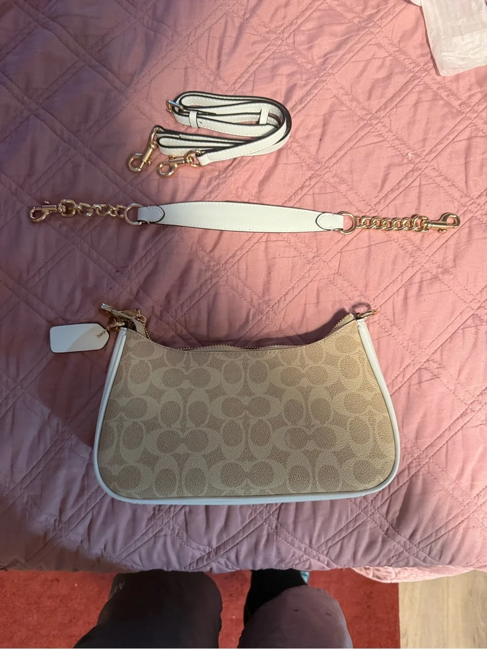 Coach Beige Signature Canvas Crossbody with White Trim and Gold Hardware